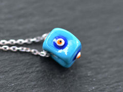 Blue Square Evil Eye Necklace, Protective Turkish Nazar, Good Luck Gift, Sterling Silver 18'' Chain