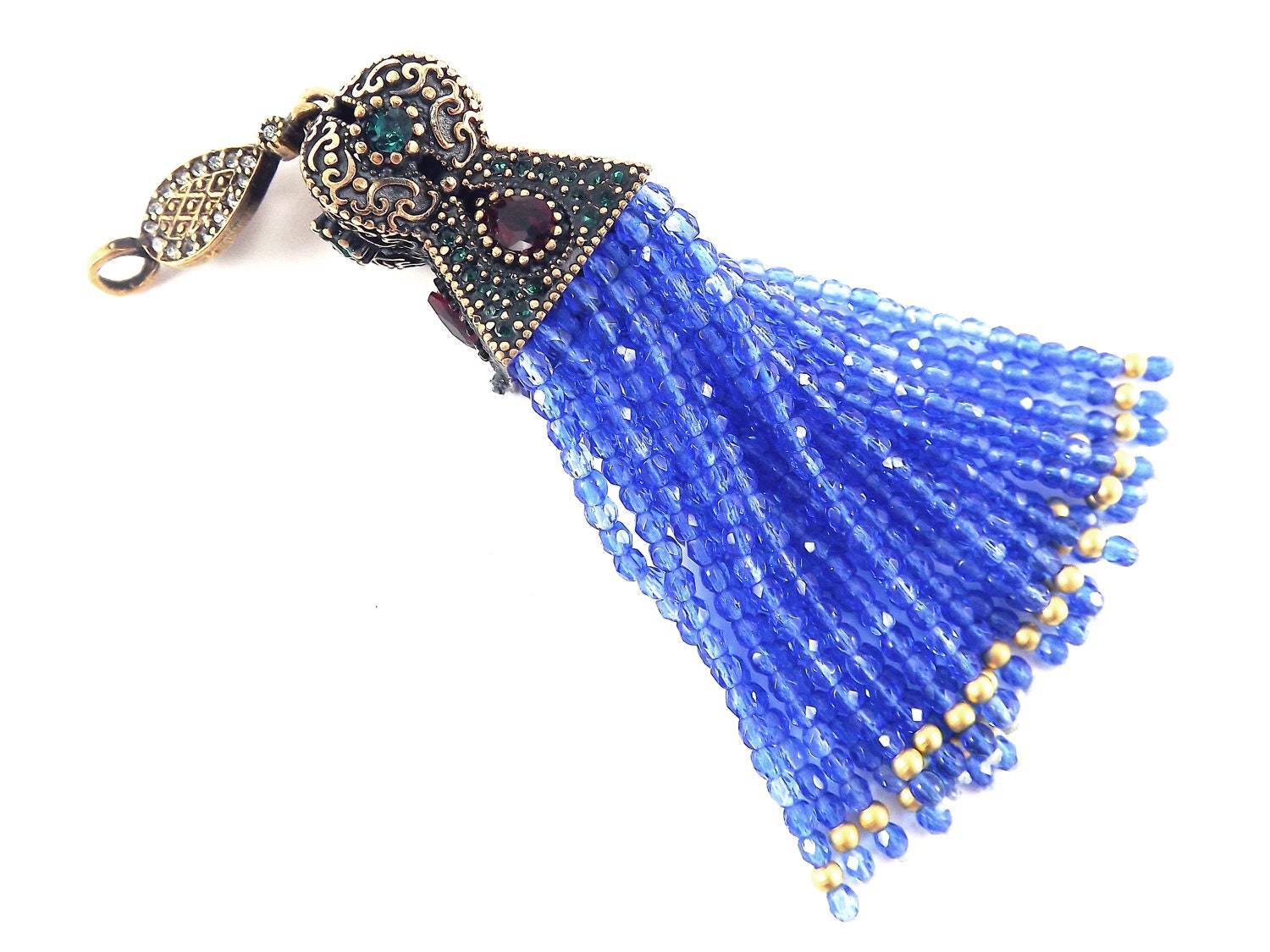 Large Long Translucent Royal Blue Facet Cut Rondelle Crystal Beaded Tassel with Crystal Accents - Antique Bronze - 1PC Large Long Translucent Royal Blue Facet Cut Rondelle Crystal Beaded Tassel with Crystal Accents - Antique Bronze - 1PC