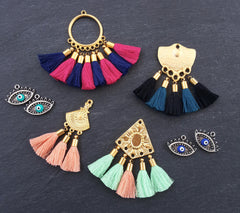 Mini Peacock Blue Soft Thread Tassels Earring Bracelet Tassel Fringe Turkish Findings - 22k Matte Gold Plated Cap - 26mm - 4pc - NEW CAPP