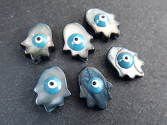 6 Mother of Pearl Evil Eye Hamsa Hand Beads, Natural Black MOP Bead, Enamel Evil Eye Bead, Nazar Protective Symbol Talisman Jewelry, 15x12mm