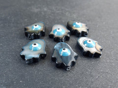 6 Mother of Pearl Evil Eye Hamsa Hand Beads, Natural Black MOP Bead, Enamel Evil Eye Bead, Nazar Protective Symbol Talisman Jewelry, 15x12mm