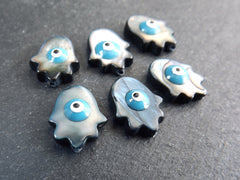 6 Mother of Pearl Evil Eye Hamsa Hand Beads, Natural Black MOP Bead, Enamel Evil Eye Bead, Nazar Protective Symbol Talisman Jewelry, 15x12mm