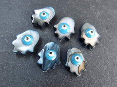6 Mother of Pearl Evil Eye Hamsa Hand Beads, Natural Black MOP Bead, Enamel Evil Eye Bead, Nazar Protective Symbol Talisman Jewelry, 15x12mm