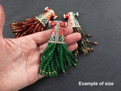 Green Tassel Pendant, Autumn Green Jade Stone Beaded Tassel, Gemstone Fringe, Enamel Pendant, Crystal Accents Antique Bronze, 1pc
