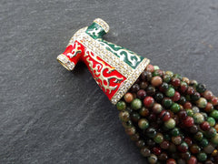 Green Tassel Pendant, Autumn Green Jade Stone Beaded Tassel, Gemstone Fringe, Enamel Pendant, Crystal Accents Antique Bronze, 1pc