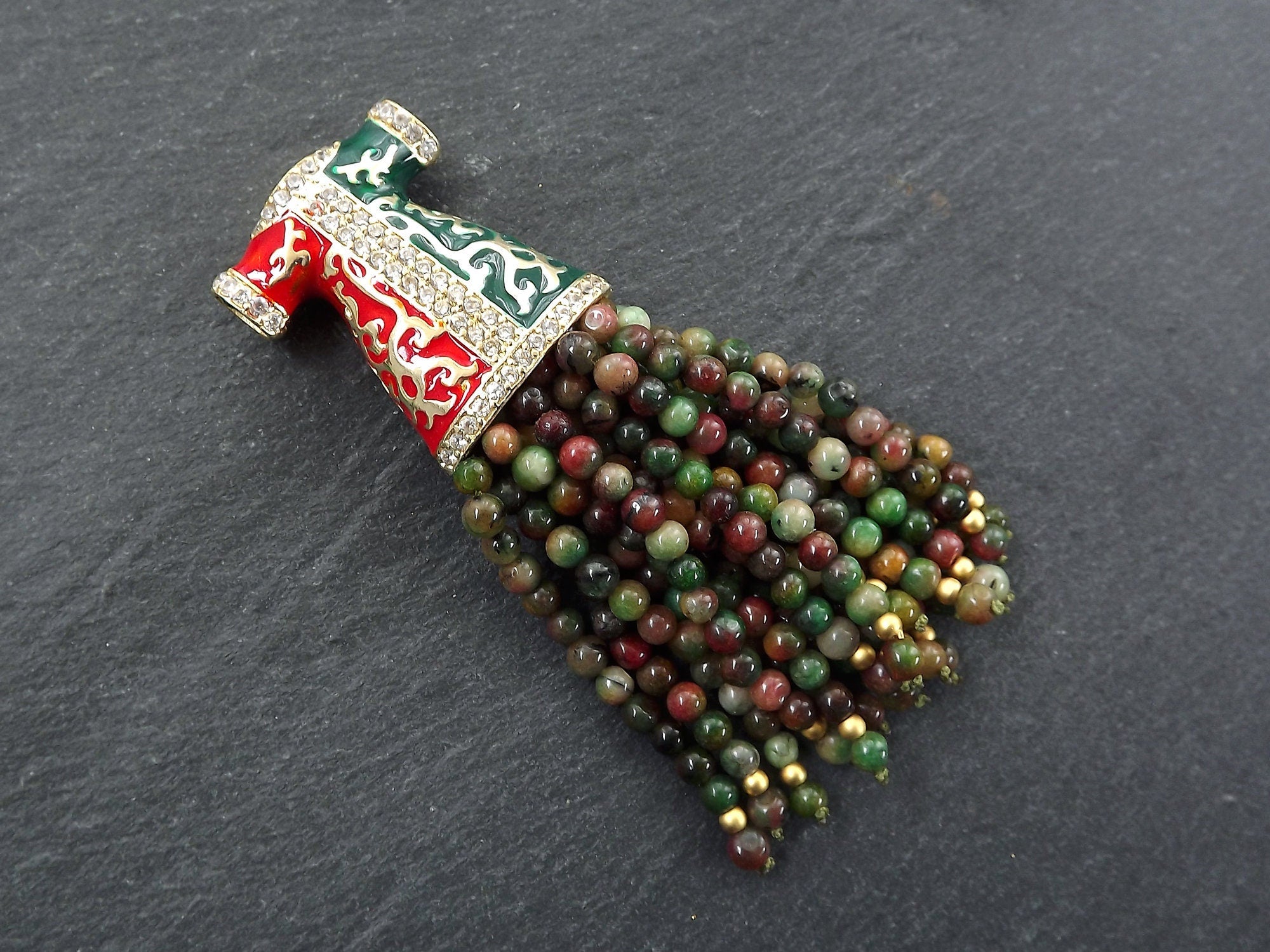 Green Tassel Pendant, Autumn Green Jade Stone Beaded Tassel, Gemstone Fringe, Enamel Pendant, Crystal Accents Antique Bronze, 1pc Green Tassel Pendant, Autumn Green Jade Stone Beaded Tassel, Gemstone Fringe, Enamel Pendant, Crystal Accents Antique Bronze, 1pc