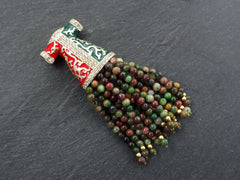 Green Tassel Pendant, Autumn Green Jade Stone Beaded Tassel, Gemstone Fringe, Enamel Pendant, Crystal Accents Antique Bronze, 1pc