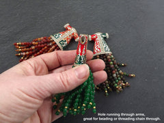 Green Tassel Pendant, Autumn Green Jade Stone Beaded Tassel, Gemstone Fringe, Enamel Pendant, Crystal Accents Antique Bronze, 1pc