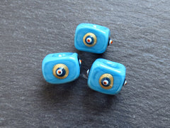 Turquoise Blue Square Evil Eye Beads, Protective Turkish Nazar Amulet Talisman, Good Luck, Necklace Bead, 10mm, Metallic Gold Sclera, 3pc