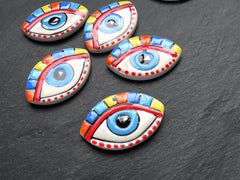 Ellipse Evil Eye Pendant Ceramic Artisan Charm for Jewelry Making, Colorful Handmade Handcrafted Pottery Findings, 56x38mm, Blue Iris 1pc