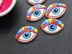 Ellipse Evil Eye Pendant Ceramic Artisan Charm for Jewelry Making, Colorful Handmade Handcrafted Pottery Findings, 56x38mm, Blue Iris 1pc