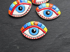 Ellipse Evil Eye Pendant Ceramic Artisan Charm for Jewelry Making, Colorful Handmade Handcrafted Pottery Findings, 56x38mm, Blue Iris 1pc