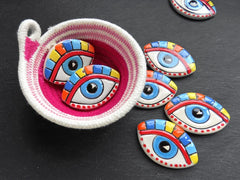 Ellipse Evil Eye Pendant Ceramic Artisan Charm for Jewelry Making, Colorful Handmade Handcrafted Pottery Findings, 56x38mm, Blue Iris 1pc