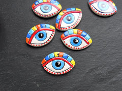 Ellipse Evil Eye Pendant Ceramic Artisan Charm for Jewelry Making, Colorful Handmade Handcrafted Pottery Findings, 56x38mm, Blue Iris 1pc