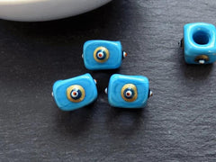 Turquoise Blue Square Evil Eye Beads, Protective Turkish Nazar Amulet Talisman, Good Luck, Necklace Bead, 10mm, Metallic Gold Sclera, 3pc