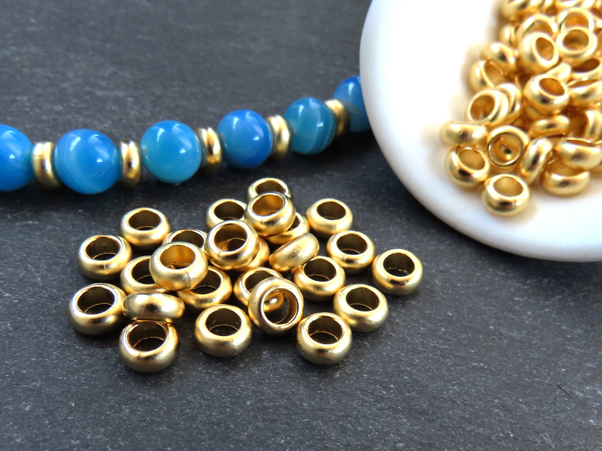 6mm Heishi Washer Bead Spacers, Mykonos Greek Beads, Round Metal Beads,  3.2mm Hole, Jewelry Making Supply, 22k Matte Gold Plated, 20pc