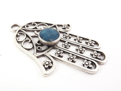 Extra Large Hamsa Hand of Fatima Pendant Round Jean Blue Jade - Matte Anitque Silver Plated - 1PC