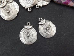 Round Silver Coin Tribal Charms, Ethnic Spiral Disc Pendant, Matte Antique Silver Plated, 2pc