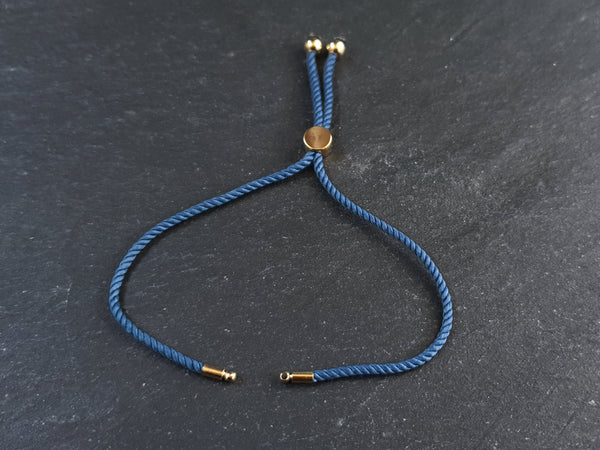 Steel Blue Adjustable Rope Slider Bolo Cord Bracelet Blank, 2mm, Gold Sliding Bead 1pc