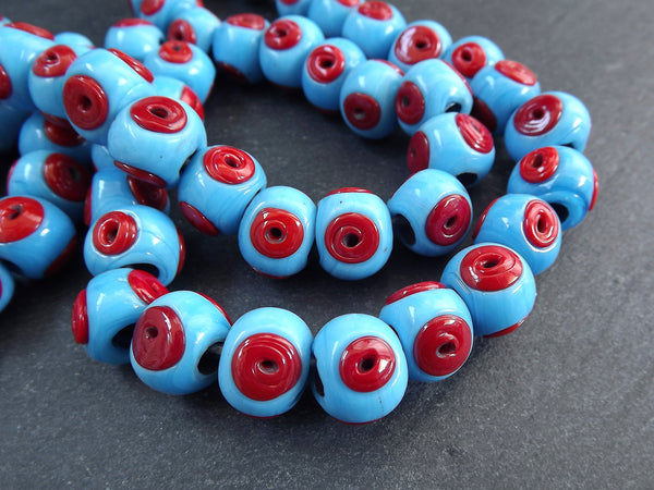 Sky Blue Glass Evil Eye Beads, Chunky Rondelle, Red Eye, Rustic Traditional Turkish Artisan Handmade, Lucky Protective Navy Nazar Beads