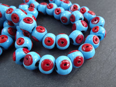 Sky Blue Glass Evil Eye Beads, Chunky Rondelle, Red Eye, Rustic Traditional Turkish Artisan Handmade, Lucky Protective Navy Nazar Beads