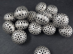 Large Filigree Saucer Bead, lightweight Hollow Statement Spacer, Matte Antique Silver Plated, 1pc