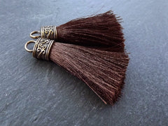Brown Tassel Pendant, Silk Thread Tassel, Tassel Charm, Ornate Cap, Antique Bronze Cap, Tassel Jewelry, Brown Silk Tassel, 2.25 inches, 2pc