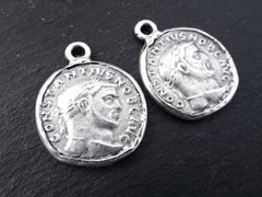 Silver Roman Coin Pendant Charm, Constantius Medallion, Jewelry Making, Matte Antique Silver, 2pc