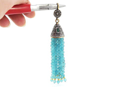 Large Long Aqua Facet Cut Jade Stone Beaded Tassel with Encrusted Crystal Accents - Antique Bronze - 1PC