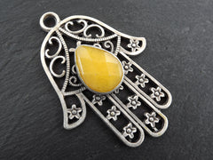 Silver Hamsa Pendant with Yellow Jade Tear Drop Stone, Hand of Fatima Pendant, Hamsa Jewelry, Gemstone Hamsa, Matte Antique Silver, 1pc