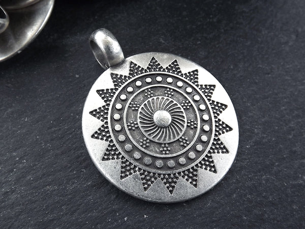 Large Ethnic Sun Mandala Round Disc Pendants with Side Facing - Matte Antique Silver Plated - 1pc