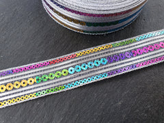 Rainbow Sequin Ribbon Trim, Glitter Ribbon, Packaging, Sewing, Craft, Scrap booking, Jewelry, Costume Trim, 9 meter Roll = 9.84Yards
