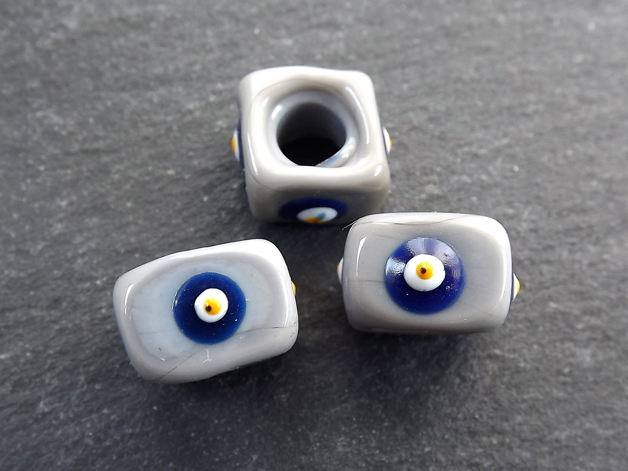 Gray Square Evil Eye Beads, Protective Turkish Nazar, Good Luck Bead, 10mm, 3pc