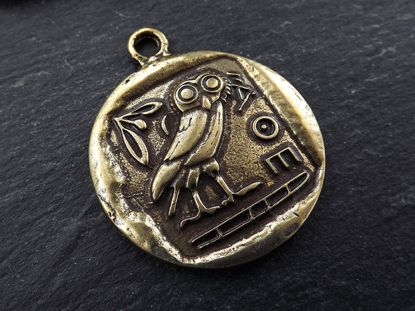 Greek Owl Athena Coin Pendant - Symbol of Wisdom, Mascot of Athena, Totem Bird, Attica Replica Coin - Antique Bronze Plated 1pc