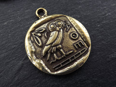 Greek Owl Athena Coin Pendant - Symbol of Wisdom, Mascot of Athena, Totem Bird, Attica Replica Coin - Antique Bronze Plated 1pc