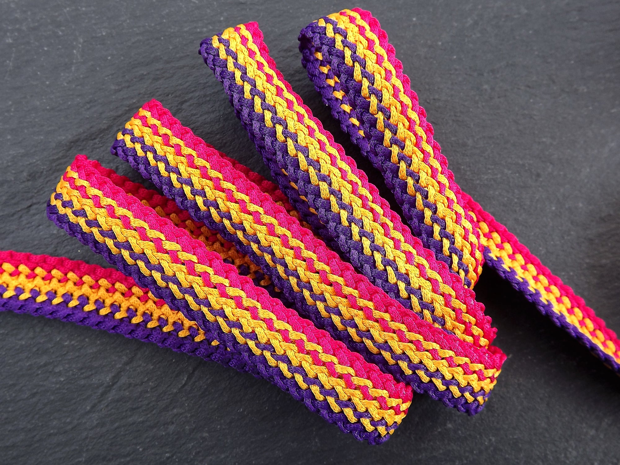 Purple Yellow Hot Pink Flat Braided Cord, Woven Trim, Bracelet