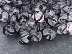 Black Zig Zag Line Frosty Translucent Pinched Wave Artisan Handmade Glass Bead - 15 x 12mm - 10pcs
