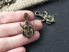 Tribal Ethnic Mask Pendant Charms - African Mask with Horns - Antique Bronze Plated - 2PC