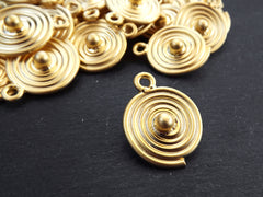 Round Gold Coin Tribal Ball Dot Charms, Ethnic Spiral Disc Pendant, 22k Matte Gold Plated, 1pc