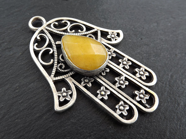 Silver Hamsa Pendant with Yellow Jade Tear Drop Stone, Hand of Fatima Pendant, Hamsa Jewelry, Gemstone Hamsa, Matte Antique Silver, 1pc