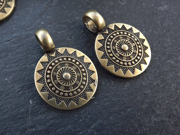 2 Small Ethnic Sun Mandala Round Disc Pendants with Side Facing - Antique Bronze Plated