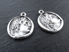 Silver Greek Coin Pendants Charms, Demetrios Poliorketes, King of Macedonia, Poseidon Coin, Replica Coin, Bohemian, Antique Silver, 2pc