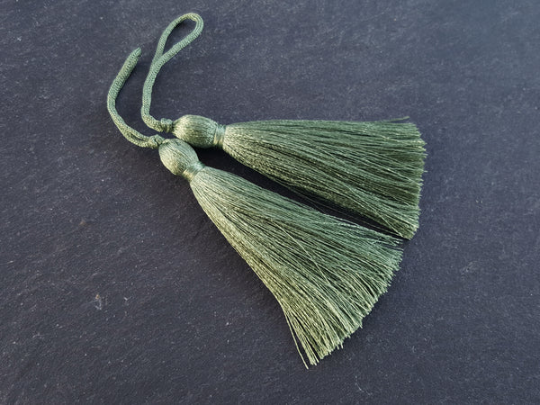 Long Pale Olive Green Silk Thread Tassels - 3 inches - 77mm - 2 pc