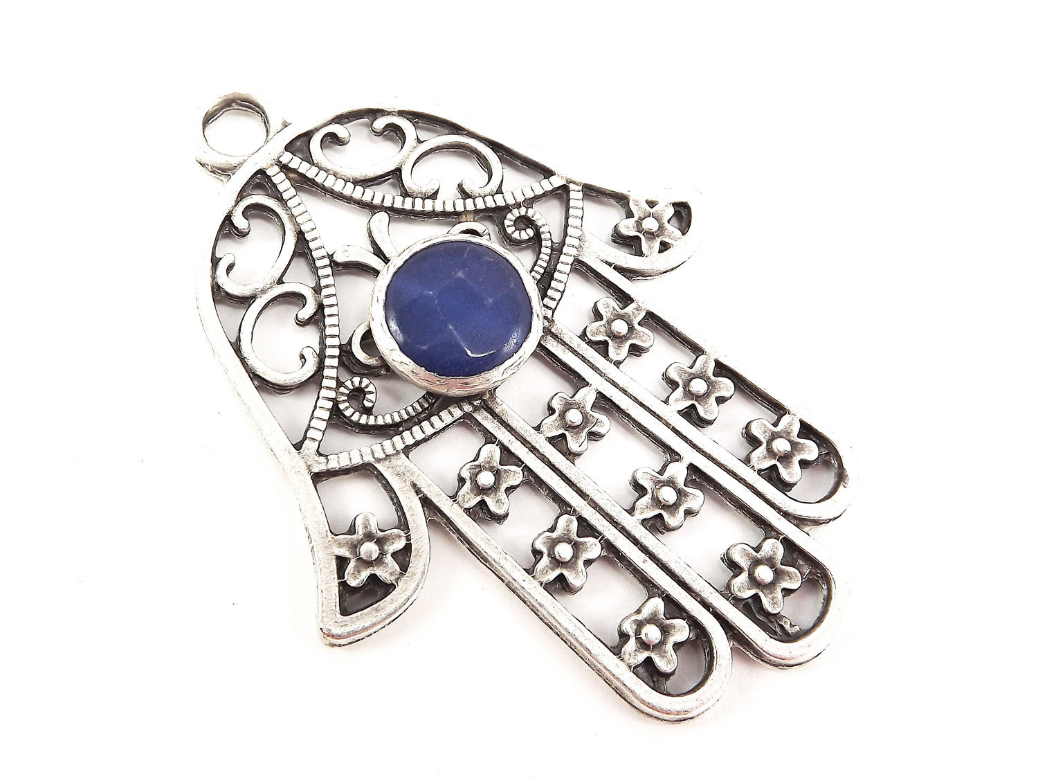 Extra Large Hamsa Hand of Fatima Pendant Round Royal Blue Jade - Matte Anitque Silver Plated - 1PC