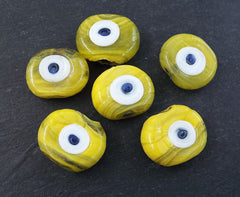6 Marble Lemon Yellow Evil Eye Nazar Glass Bead - Traditional Turkish Handmade Protective Lucky Amulet 26 mm - VALUE PACK