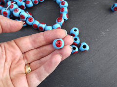 Sky Blue Glass Evil Eye Beads, Chunky Rondelle, Red Eye, Rustic Traditional Turkish Artisan Handmade, Lucky Protective Navy Nazar Beads