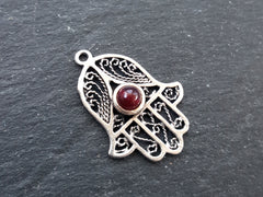 Filigree Hand of Fatima Hamsa Pendant Charm with Garnet Red Smooth Cut Jade Accent - Antique Matte Silver Plated