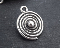 Round Silver Coin Tribal Ball Dot Charms, Spiral Disc Pendant, Antique Silver Plated, 1pc