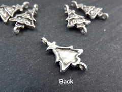 Christmas Tree Charms, Small Christmas Tree Holiday Pendant Connectors, Non Tarnish, Matte Antique Silver Plated, 6pc