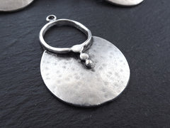 Silver Tribal Loop Pendant, Hammered Ethnic Disc Pendant, Statement Pendant, Artisan Jewelry, Matte Antique Silver Plated, 1pc